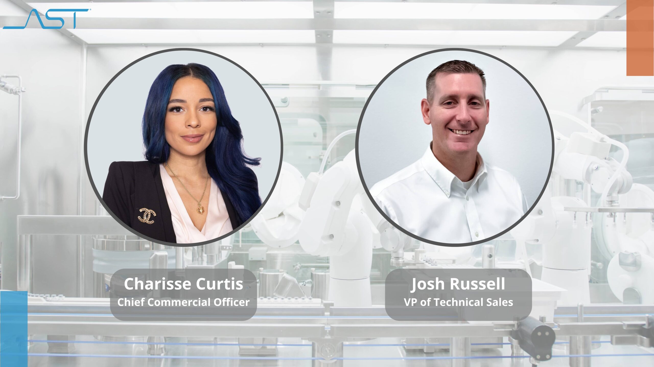 headshots of Charisse Curtis and Josh Russell in front of AST aseptic processing machinery