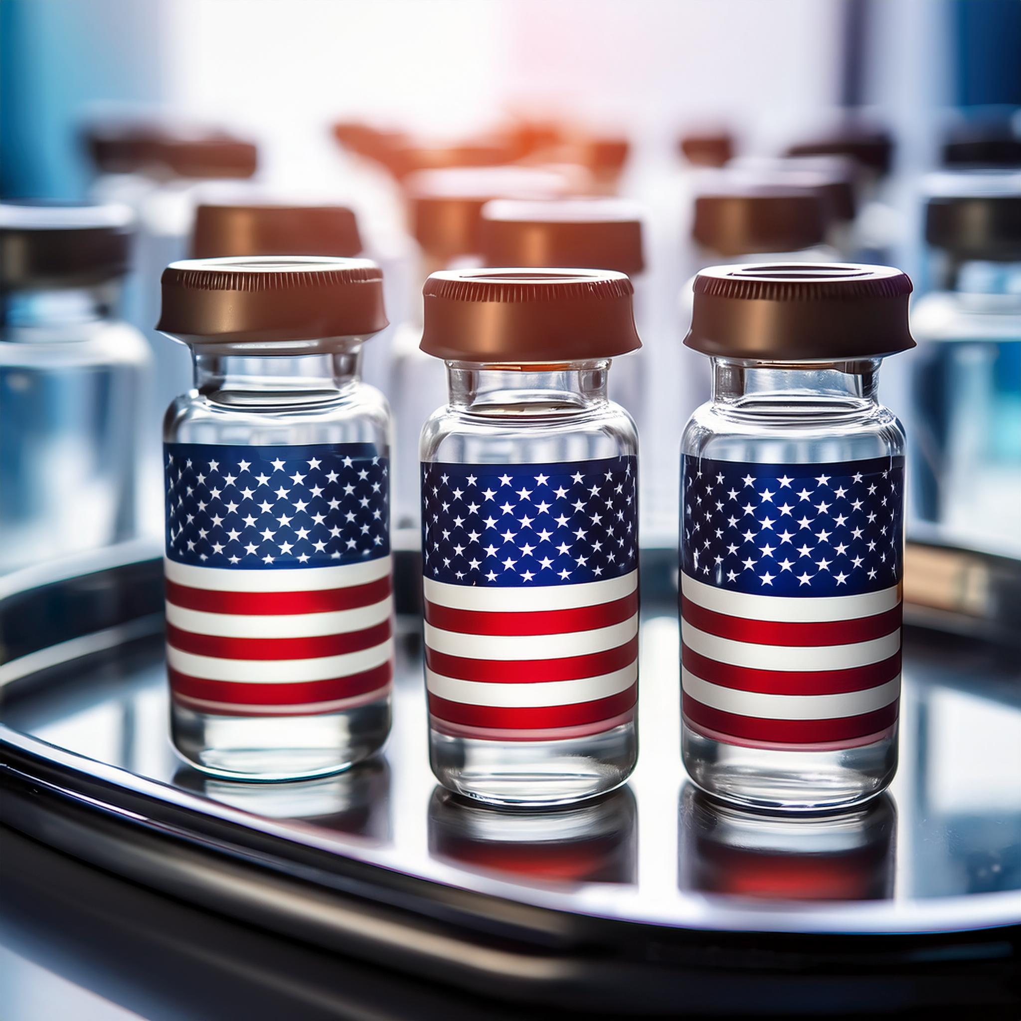Firefly American flag transparent overlay on a tray of pharmacy vials with no labels 37636