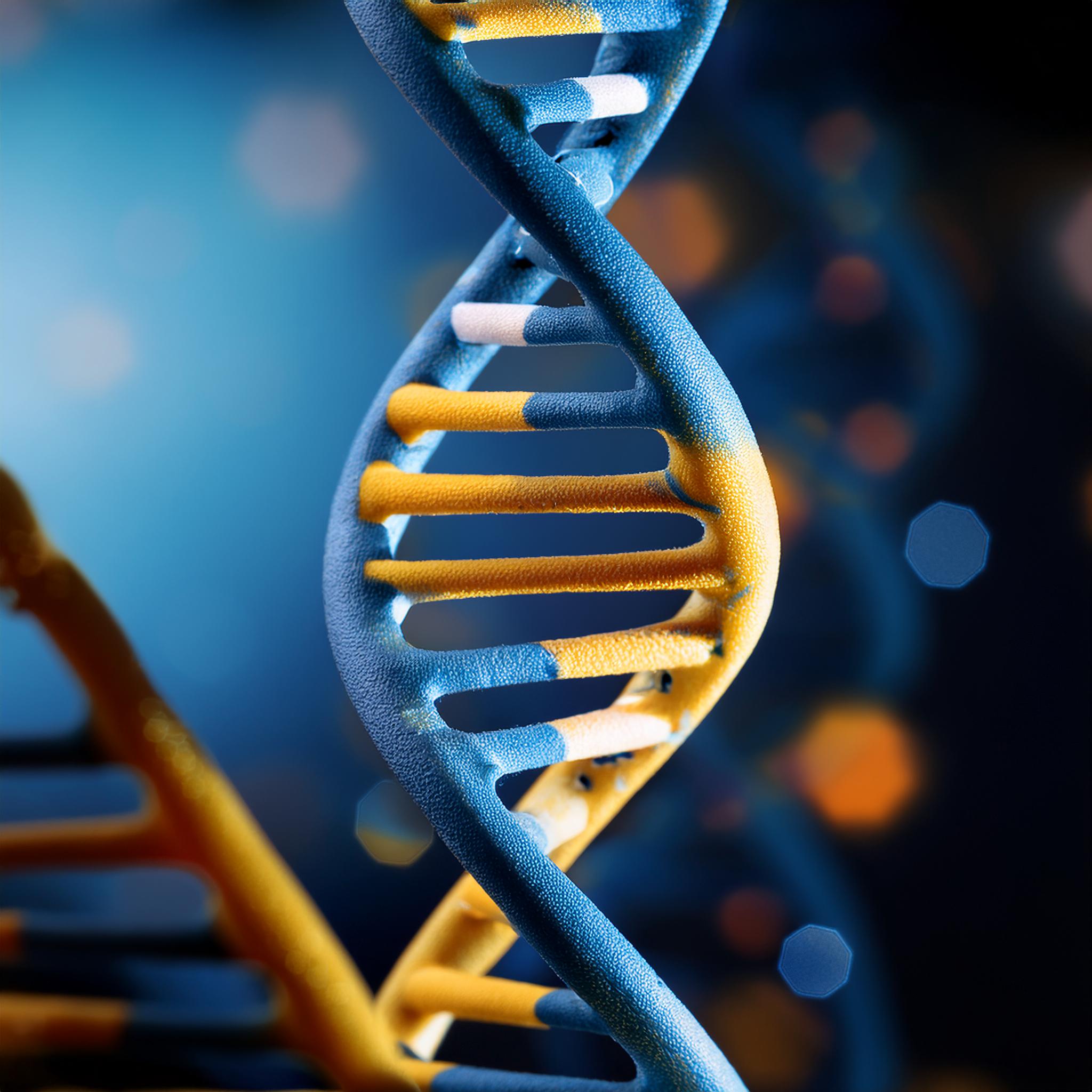 Firefly close-up on gene sequence chain in blue and yellow color 21542